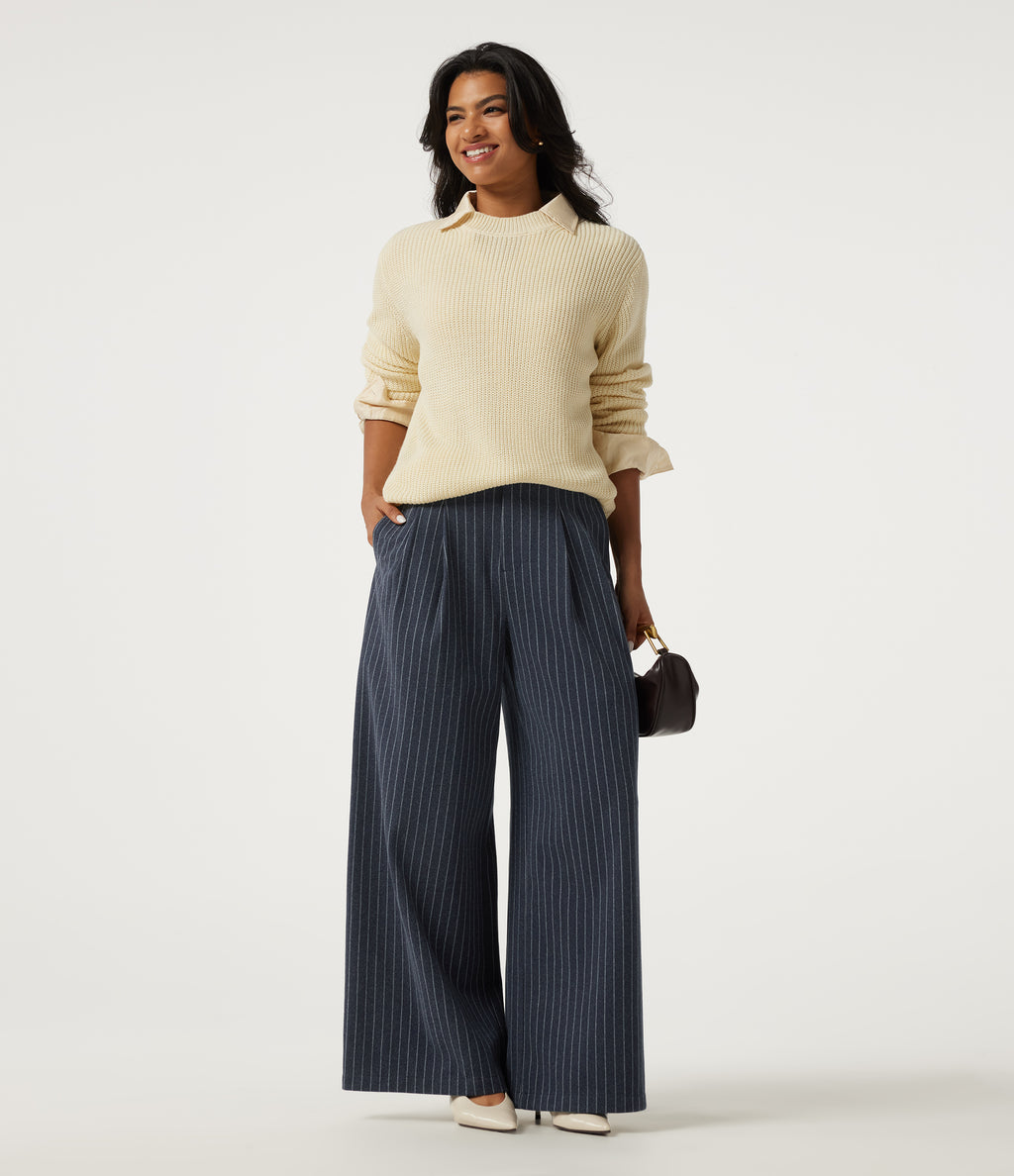 High Waisted Wide Leg Stripe Fleece Work Trousers with Pockets — Deep Blue Stripe — view 6