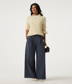 High Waisted Wide Leg Stripe Fleece Work Trousers with Pockets — Deep Blue Stripe — view 6