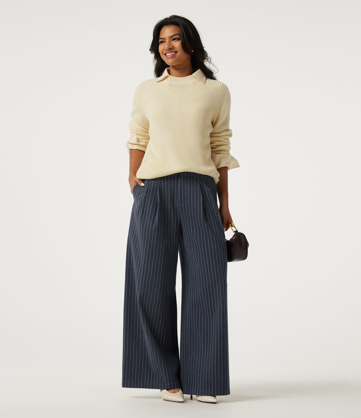 High Waisted Wide Leg Stripe Fleece Work Trousers with Pockets — Deep Blue Stripe — view 6