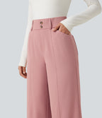 High Waisted Straight Leg Waffle Work Trousers with Pockets — Rose Tan — view 4