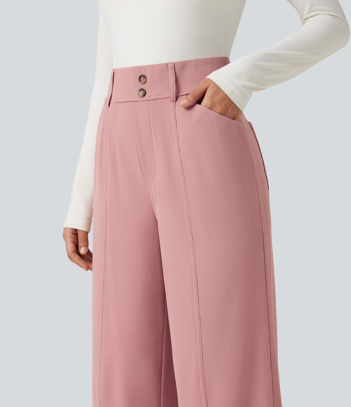 High Waisted Straight Leg Waffle Work Trousers with Pockets — Rose Tan — view 4