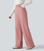 High Waisted Straight Leg Waffle Work Trousers with Pockets — Rose Tan — view 3