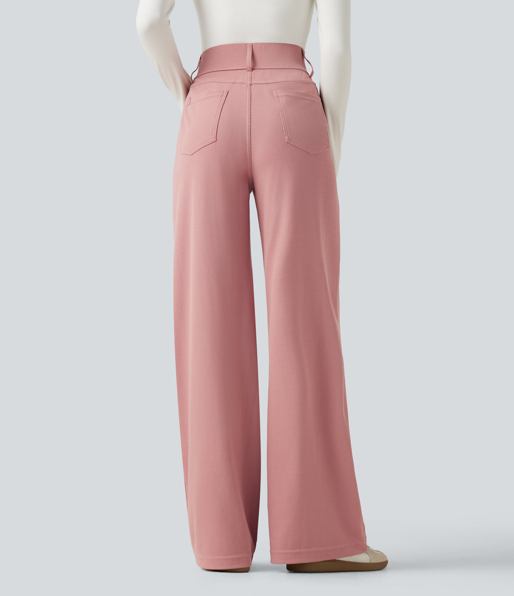 High Waisted Straight Leg Waffle Work Trousers with Pockets — Rose Tan — view 2