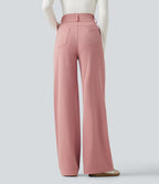 High Waisted Straight Leg Waffle Work Trousers with Pockets — Rose Tan — view 2