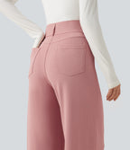 High Waisted Straight Leg Waffle Work Trousers with Pockets — Rose Tan — view 5