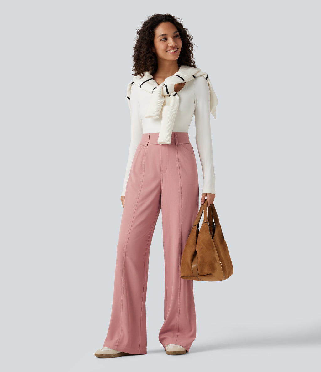 High Waisted Straight Leg Waffle Work Trousers with Pockets — Rose Tan — view 6