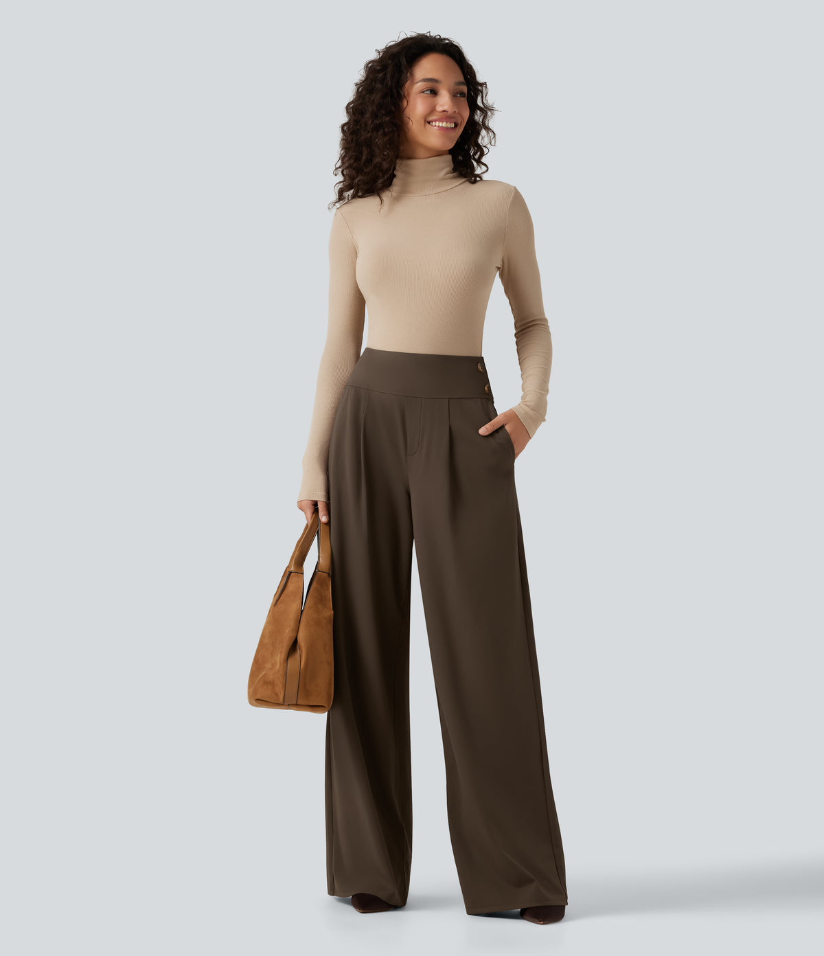 High Waisted Wide Leg Work Trousers with Pockets — Chocolate Martini — view 6