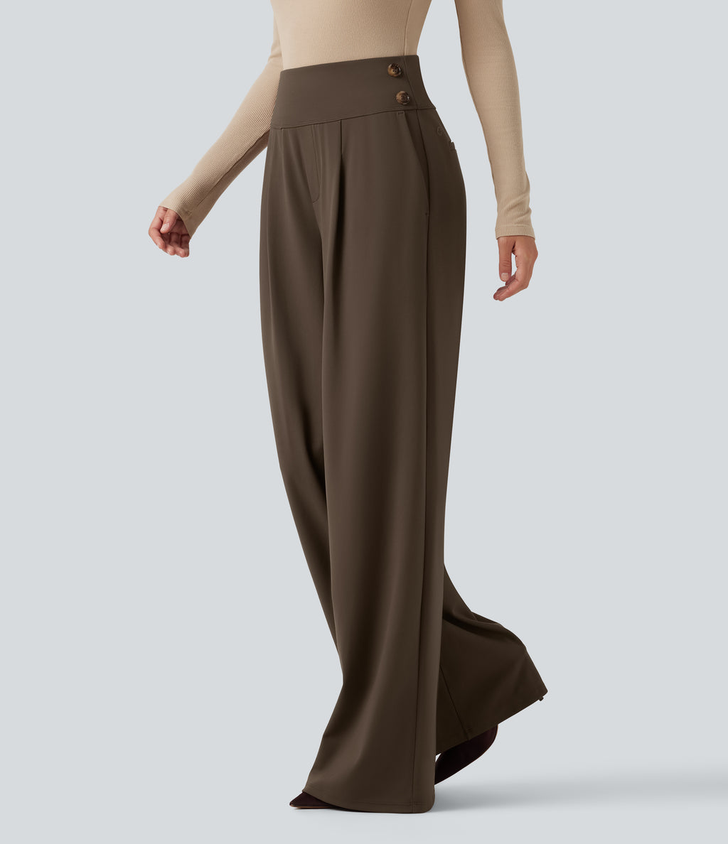 High Waisted Wide Leg Work Trousers with Pockets — Chocolate Martini — view 3