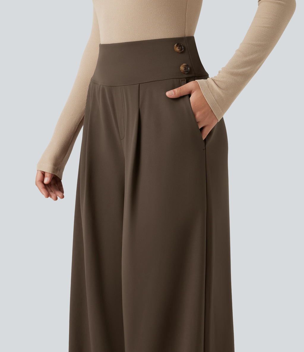 High Waisted Wide Leg Work Trousers with Pockets — Chocolate Martini — view 4
