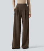 High Waisted Wide Leg Work Trousers with Pockets — Chocolate Martini — view 1