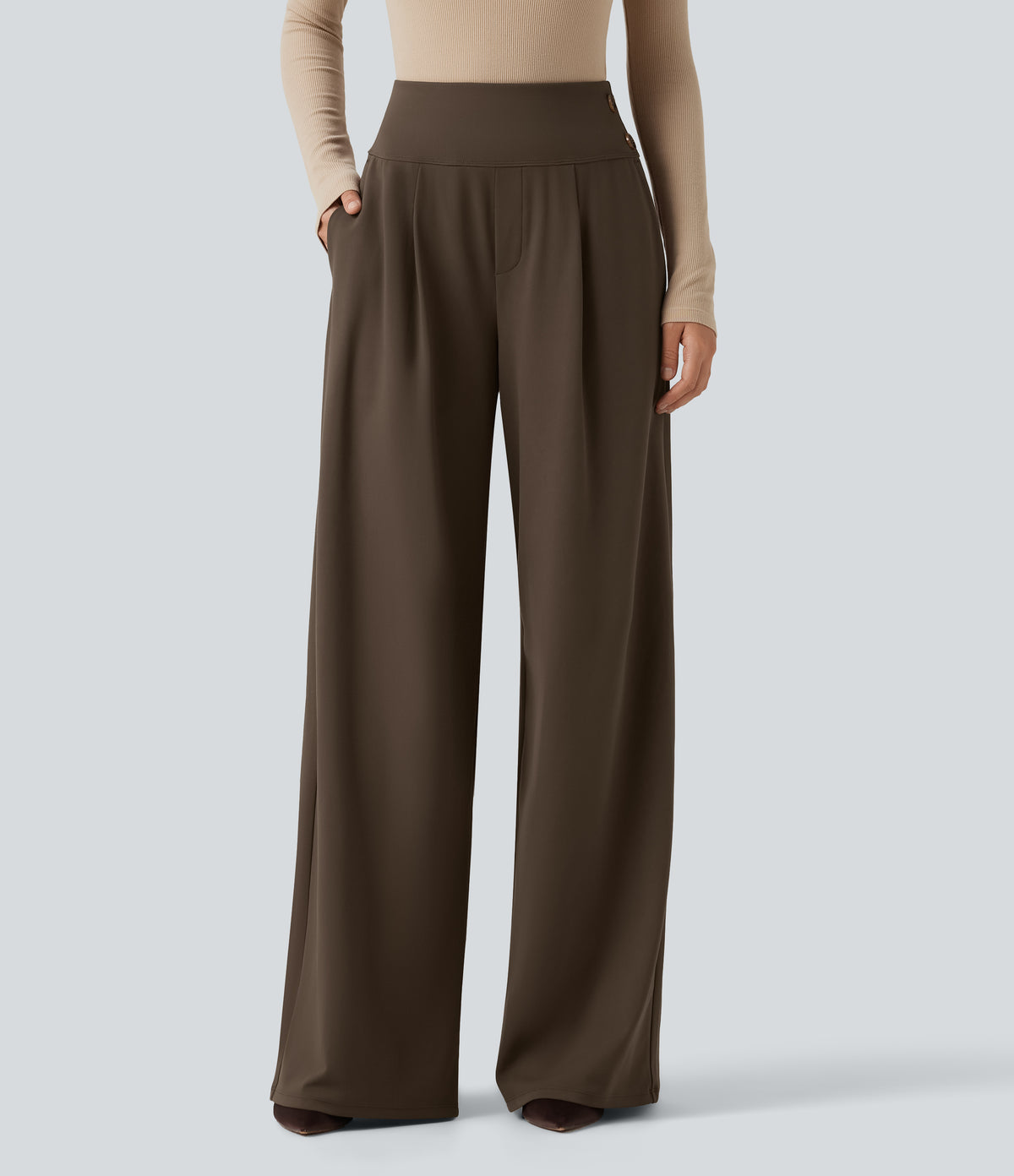 High Waisted Wide Leg Work Trousers with Pockets — Chocolate Martini — view 1