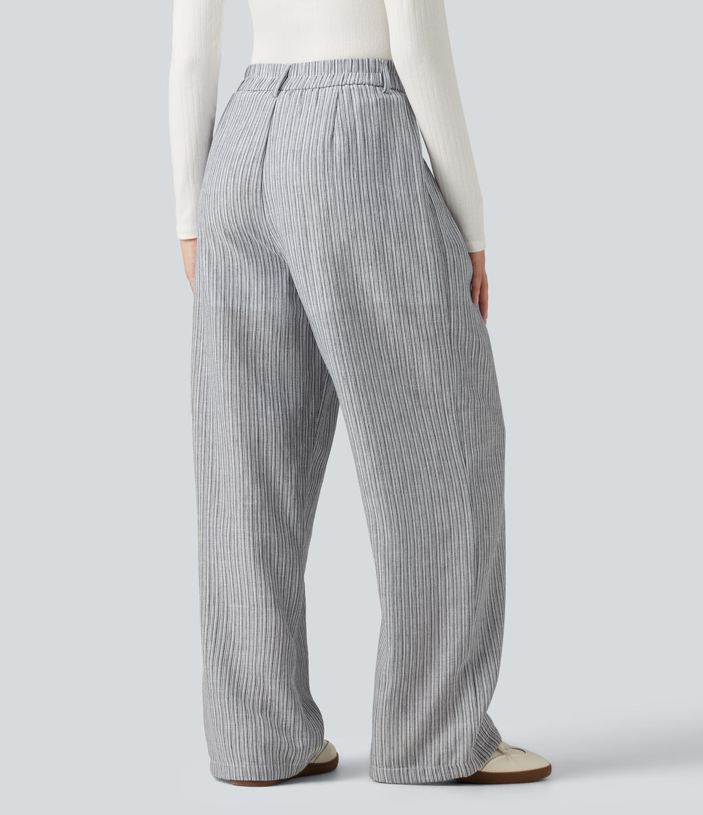 High Waisted Baggy Stripe Casual Linen-Feel Trousers with Pockets — Light Black White Stripe — view 2