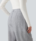 High Waisted Baggy Stripe Casual Linen-Feel Trousers with Pockets — Light Black White Stripe — view 5
