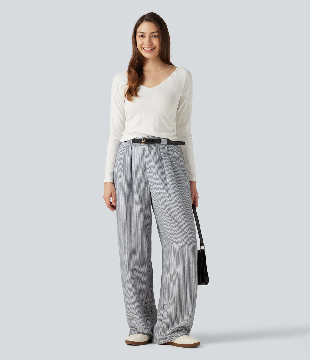 High Waisted Baggy Stripe Casual Linen-Feel Trousers with Pockets — Light Black White Stripe — view 6