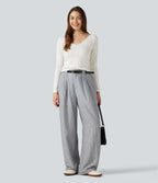 High Waisted Baggy Stripe Casual Linen-Feel Trousers with Pockets — Light Black White Stripe — view 6