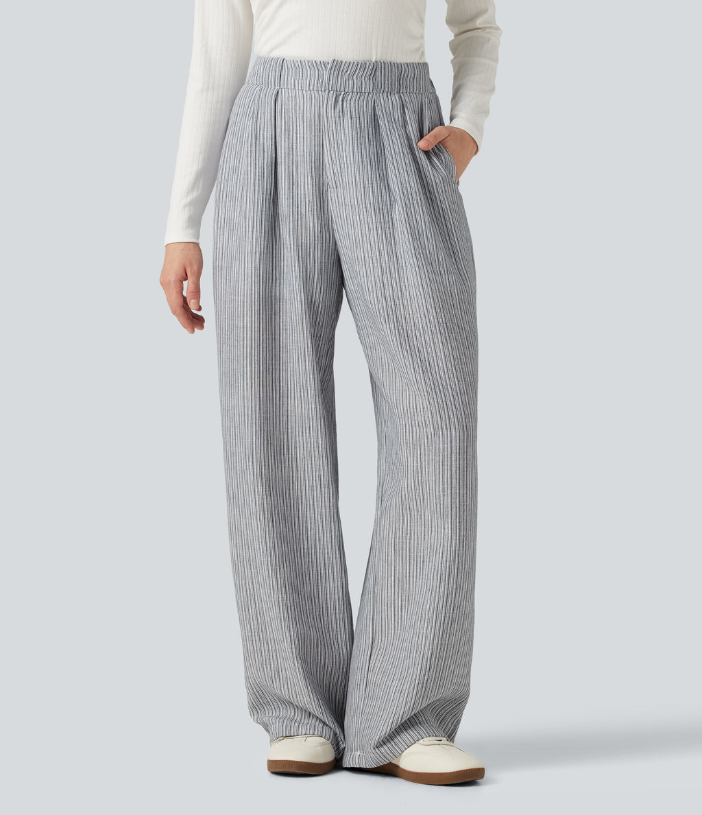 High Waisted Baggy Stripe Casual Linen-Feel Trousers with Pockets — Light Black White Stripe — view 1