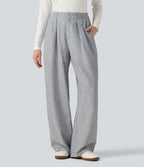 High Waisted Baggy Stripe Casual Linen-Feel Trousers with Pockets — Light Black White Stripe — view 1