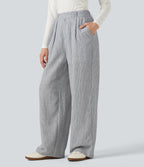 High Waisted Baggy Stripe Casual Linen-Feel Trousers with Pockets — Light Black White Stripe — view 3