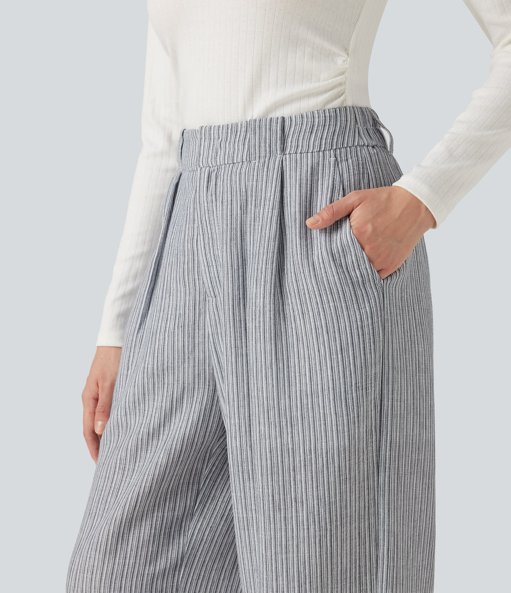 High Waisted Baggy Stripe Casual Linen-Feel Trousers with Pockets — Light Black White Stripe — view 4