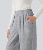 High Waisted Baggy Stripe Casual Linen-Feel Trousers with Pockets — Light Black White Stripe — view 4