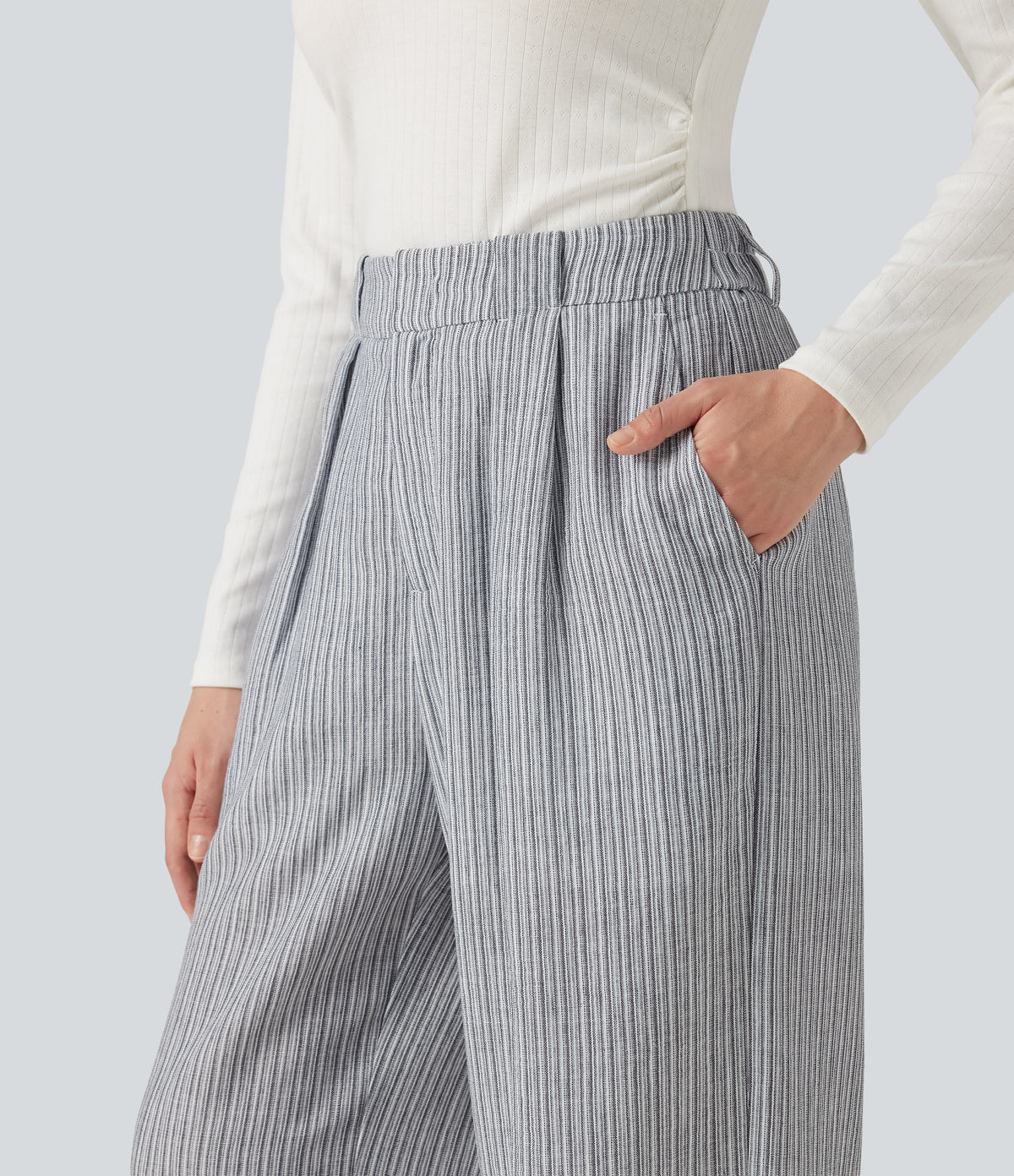 High Waisted Baggy Stripe Casual Linen-Feel Trousers with Pockets — Light Black White Stripe — view 4