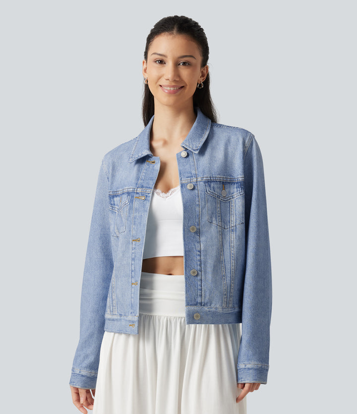 Collared Long Sleeve Denim Print French Terry Casual Jacket with Pockets — Light Ocean Denim — view 1