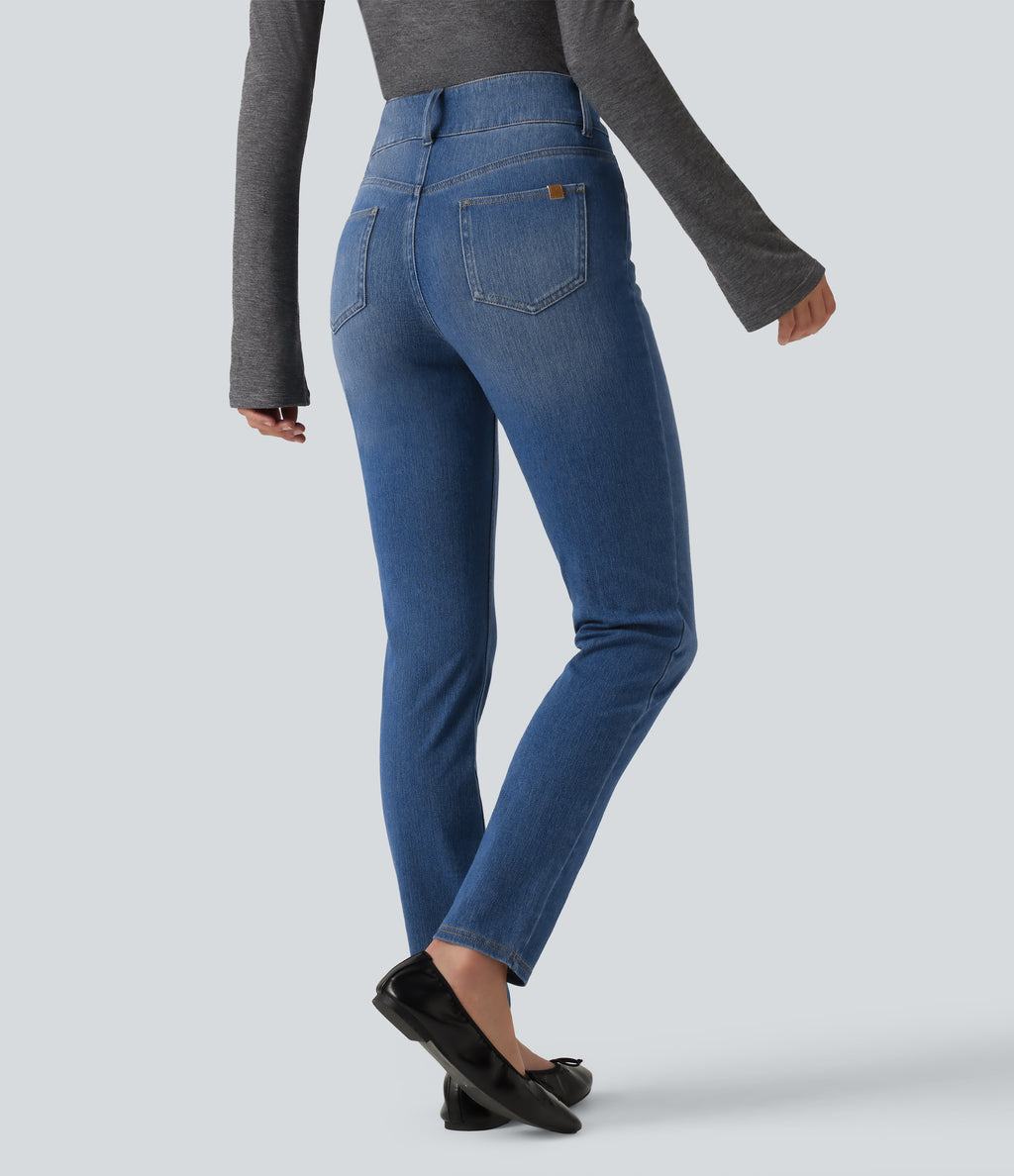 Mid Rise Asymmetric Casual Skinny Jeans with Pockets — Blue Jasper Denim — view 2