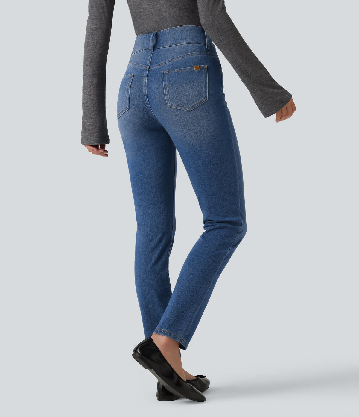 Mid Rise Asymmetric Casual Skinny Jeans with Pockets — Blue Jasper Denim — view 2