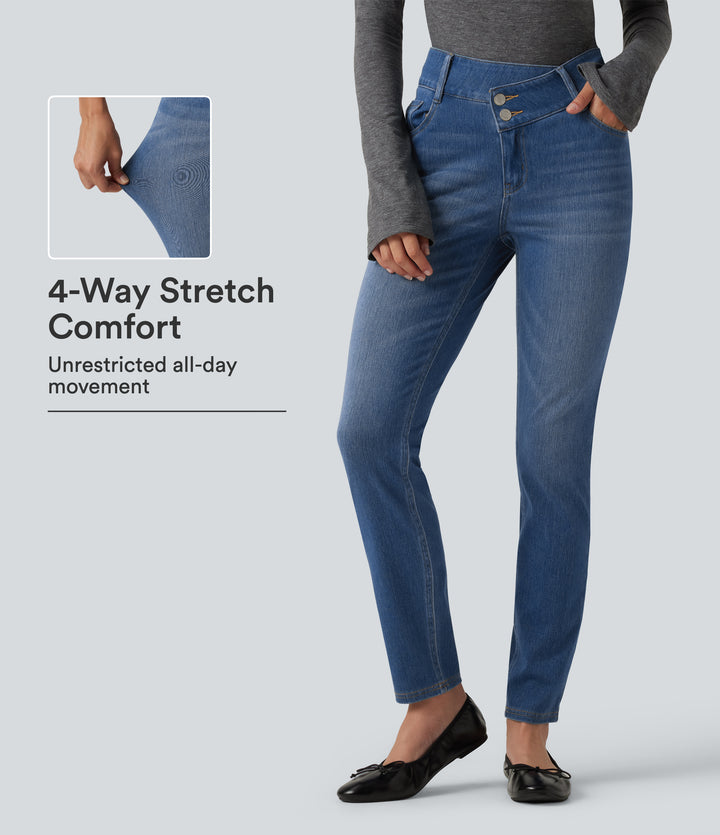 Mid Rise Asymmetric Casual Skinny Jeans with Pockets — Blue Jasper Denim — view 1