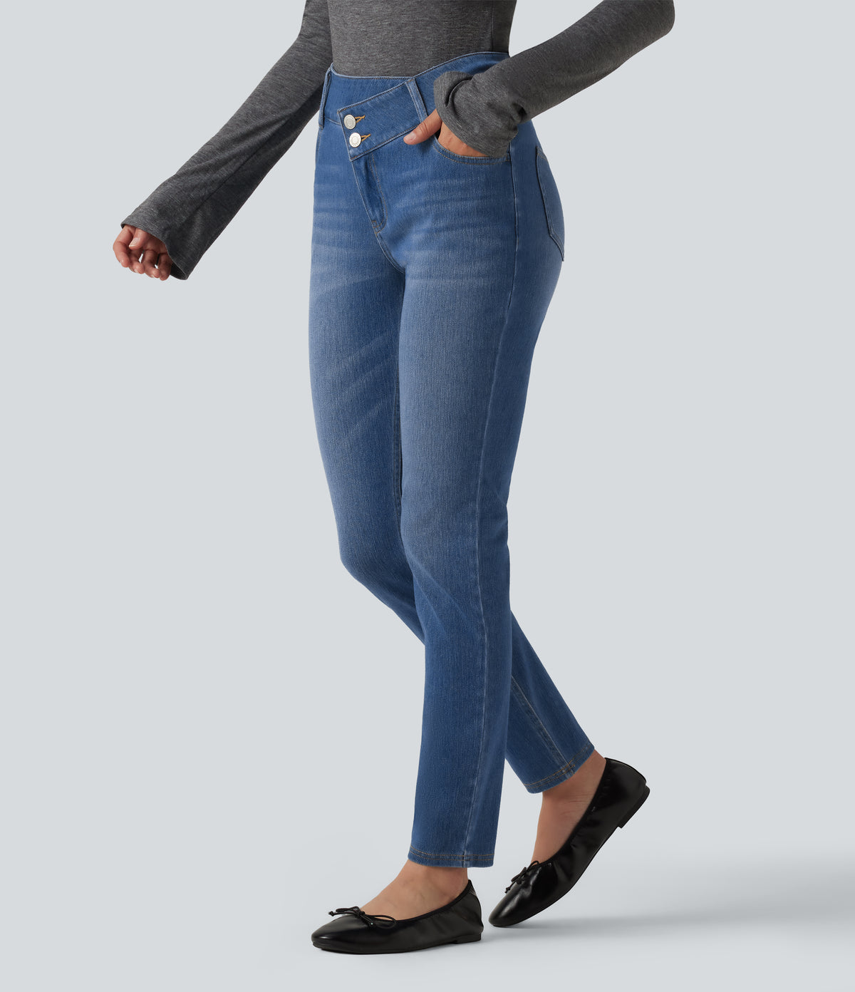Mid Rise Asymmetric Casual Skinny Jeans with Pockets — Blue Jasper Denim — view 3
