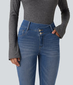 Mid Rise Asymmetric Casual Skinny Jeans with Pockets — Blue Jasper Denim — view 4