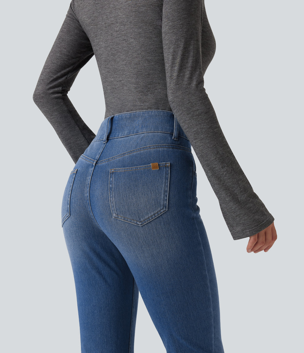 Mid Rise Asymmetric Casual Skinny Jeans with Pockets — Blue Jasper Denim — view 5