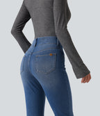 Mid Rise Asymmetric Casual Skinny Jeans with Pockets — Blue Jasper Denim — view 5