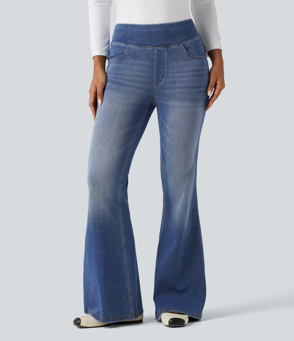 High Waisted Casual Flare Jeans with Pockets — Blue Jasper Denim — view 3