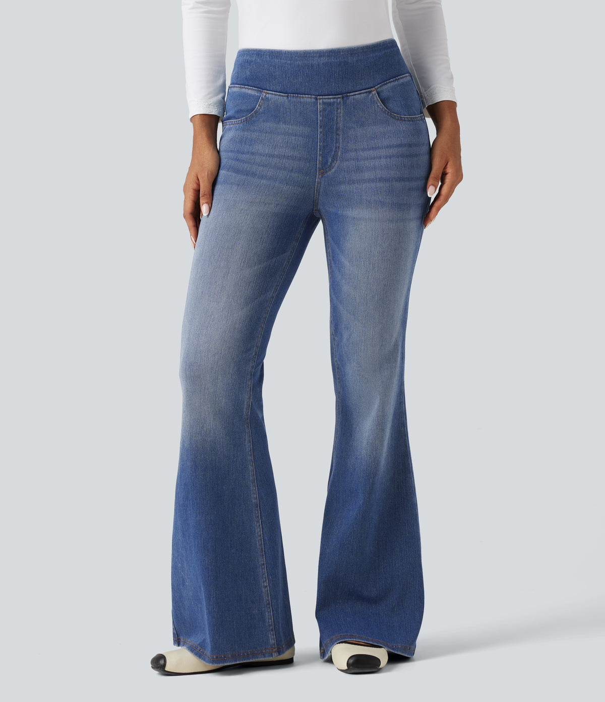 High Waisted Casual Flare Jeans with Pockets — Blue Jasper Denim — view 3