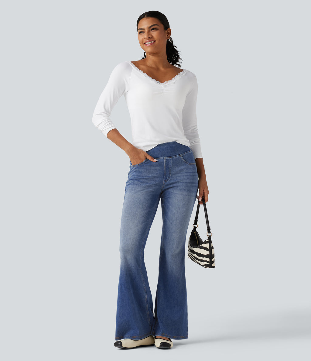 High Waisted Casual Flare Jeans with Pockets — Blue Jasper Denim — view 7