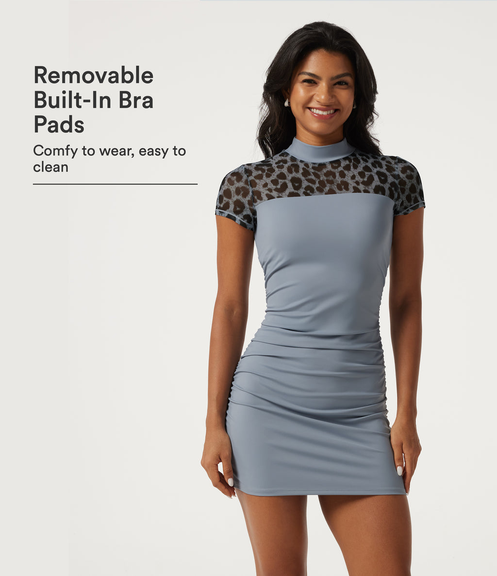 Airy Mock Neck Short Sleeve Ruched Built-in Bra Leopard InstantCool Mini Casual Dress — Sea Fog Blue — view 1