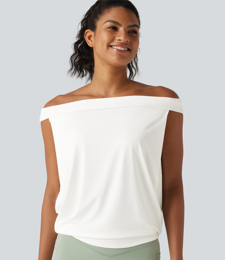 Off Shoulder InstantCool Workout Sports Top-UPF50+ — White — view 1