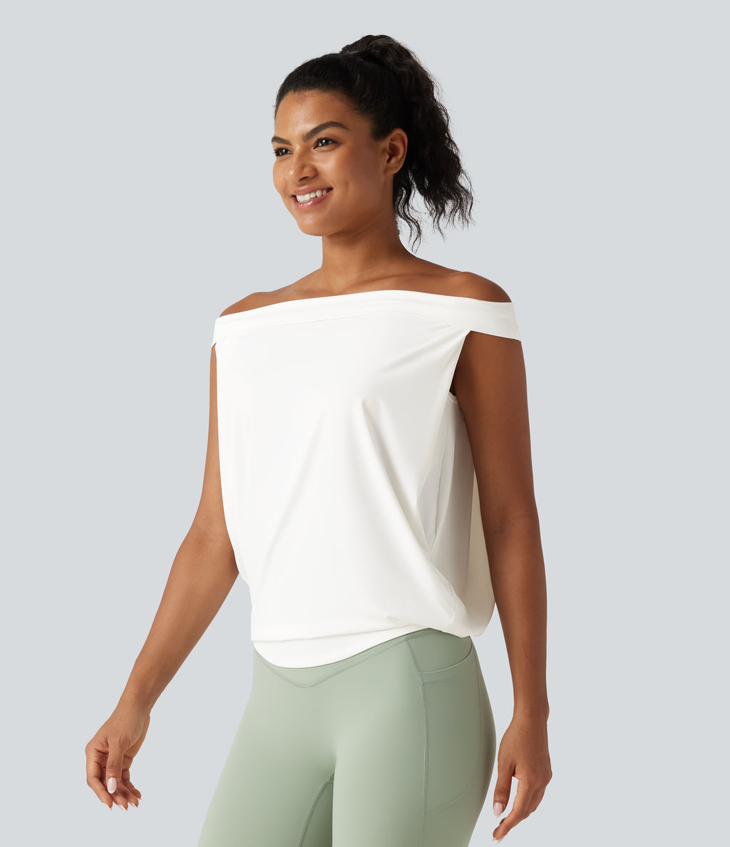 Off Shoulder InstantCool Workout Sports Top-UPF50+ — White — view 3