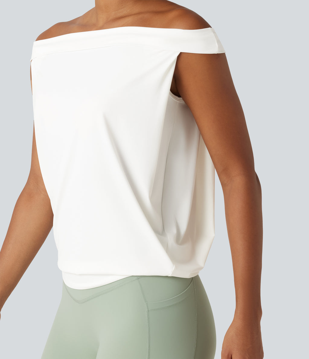 Off Shoulder InstantCool Workout Sports Top-UPF50+ — White — view 5