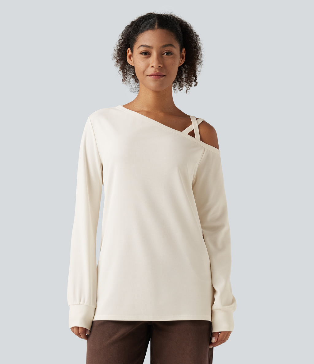 One Shoulder Long Sleeve Crossover Waffle Casual Top — Egret — view 4