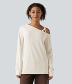 One Shoulder Long Sleeve Crossover Waffle Casual Top — Egret — view 4