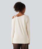 One Shoulder Long Sleeve Crossover Waffle Casual Top — Egret — view 2