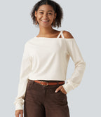 One Shoulder Long Sleeve Crossover Waffle Casual Top — Egret — view 6