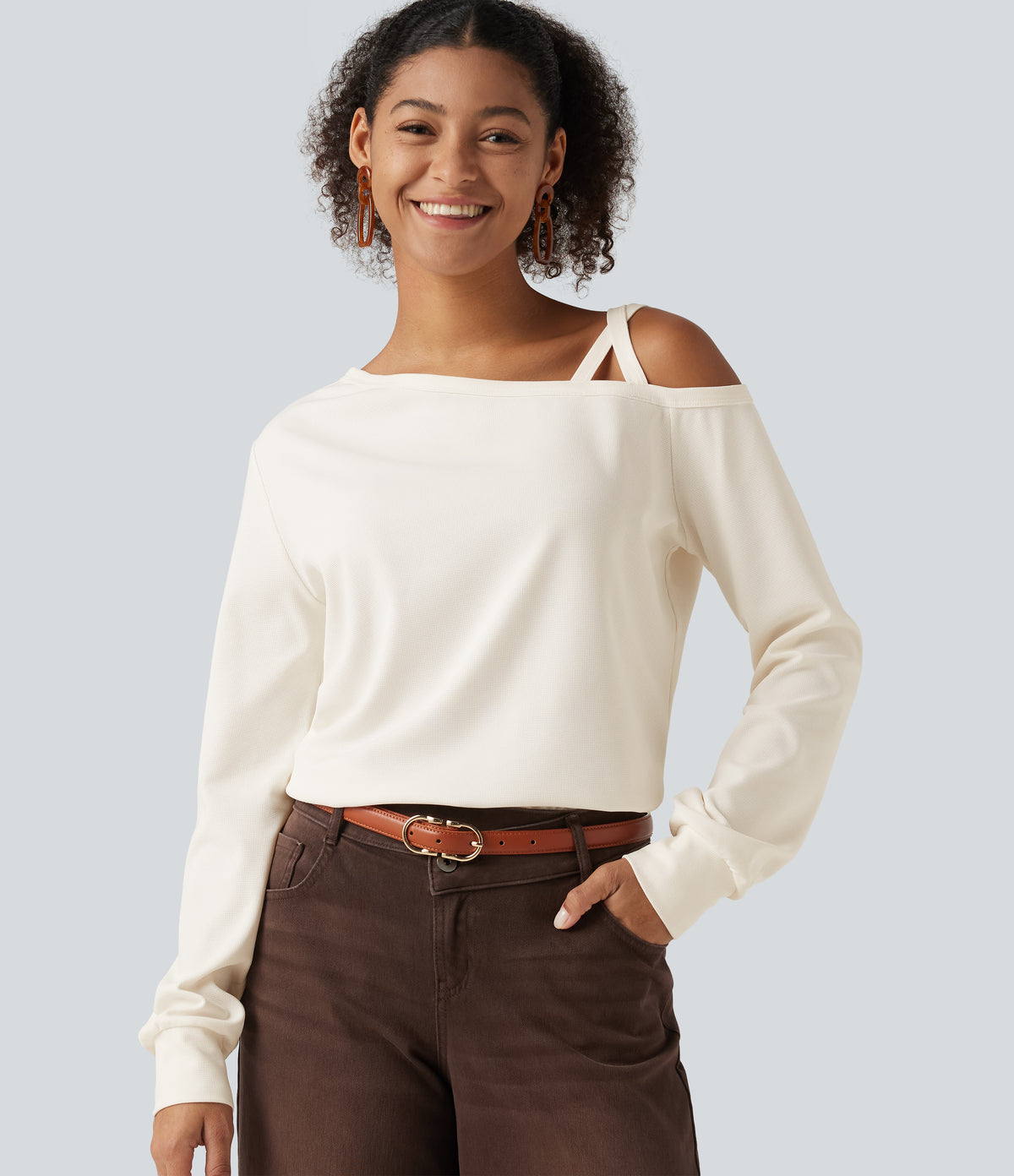 One Shoulder Long Sleeve Crossover Waffle Casual Top — Egret — view 6
