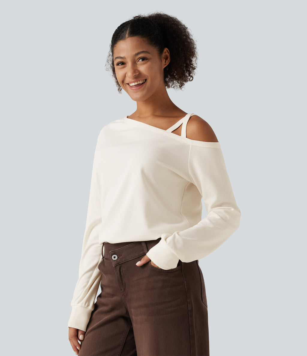 One Shoulder Long Sleeve Crossover Waffle Casual Top — Egret — view 3