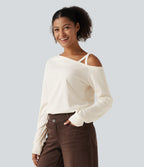 One Shoulder Long Sleeve Crossover Waffle Casual Top — Egret — view 3