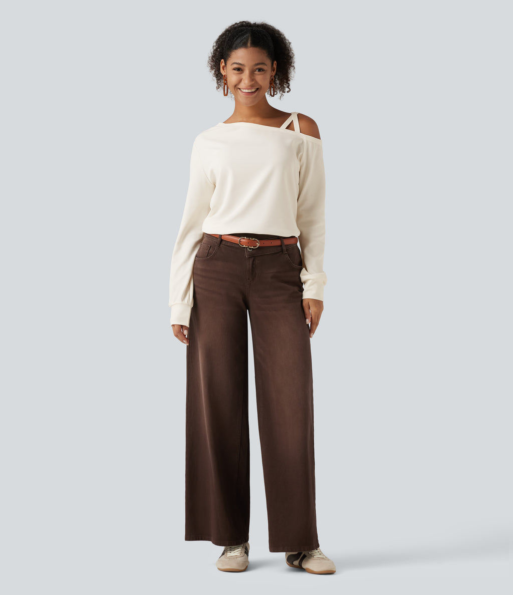 One Shoulder Long Sleeve Crossover Waffle Casual Top — Egret — view 7