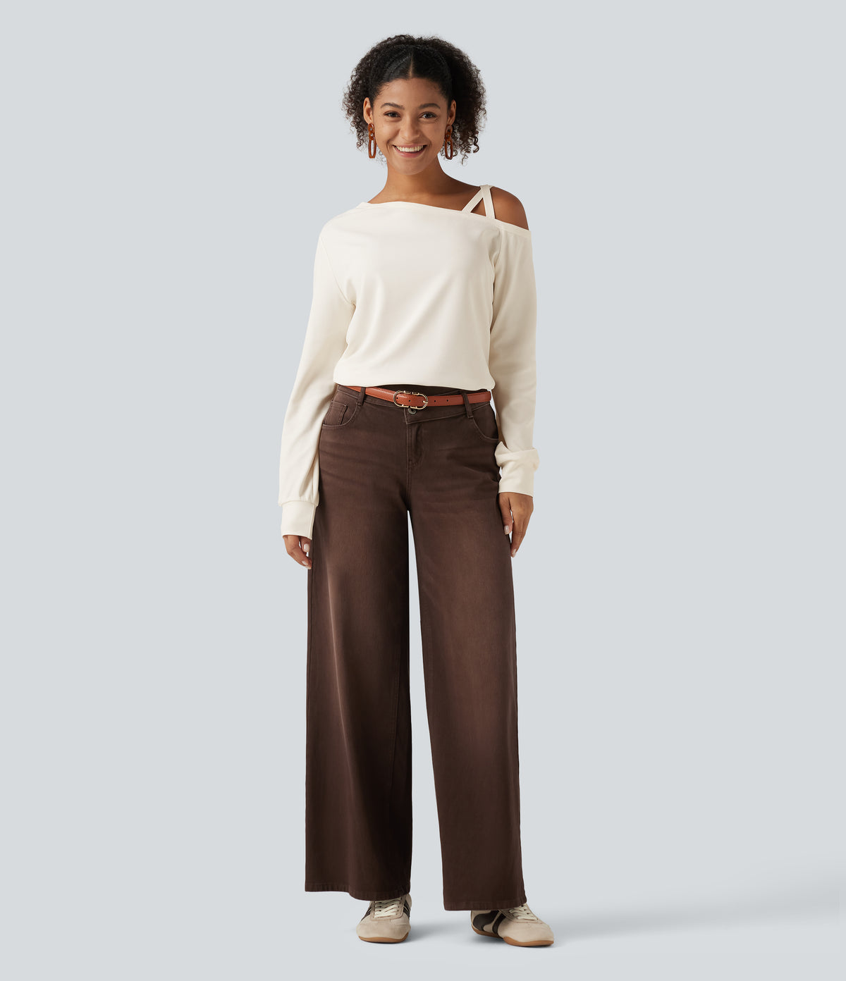 One Shoulder Long Sleeve Crossover Waffle Casual Top — Egret — view 7