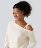 One Shoulder Long Sleeve Crossover Waffle Casual Top — Egret — view 5
